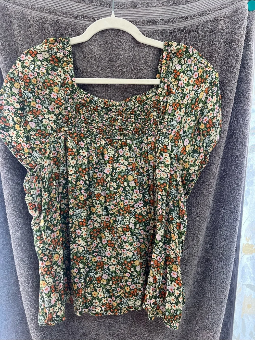 Old Navy Green Floral Smocked Square-Neck Blouse